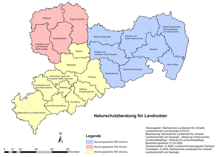 Karte von Sachsen mit Einteilung der Beratungsgebiete nach Altkreisen für die Naturschutzberatung