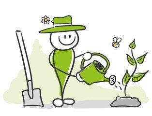 Mann mit Schaufel und gießt Blumen (GrafiK) 