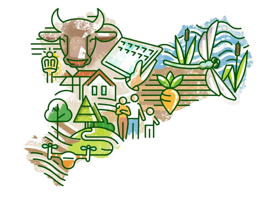 bunte Grafik mit Landwirtschaftssymbolen